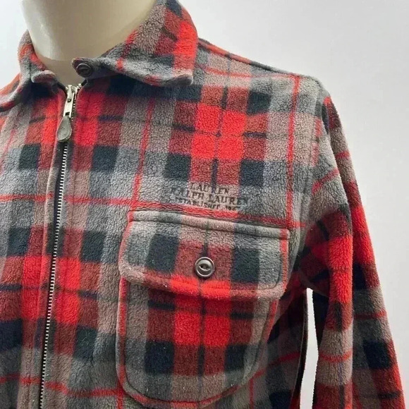 Fleece Flannel Shirt Size M Ralph Lauren Zip Up Red Gray Logo Camping Hiking - Picture 9 of 9